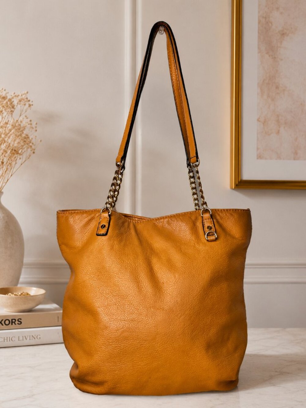 Michael Kors Pebbled Leather Camel Caramel Brown Gold Tone Chain Tote Hobo Bag